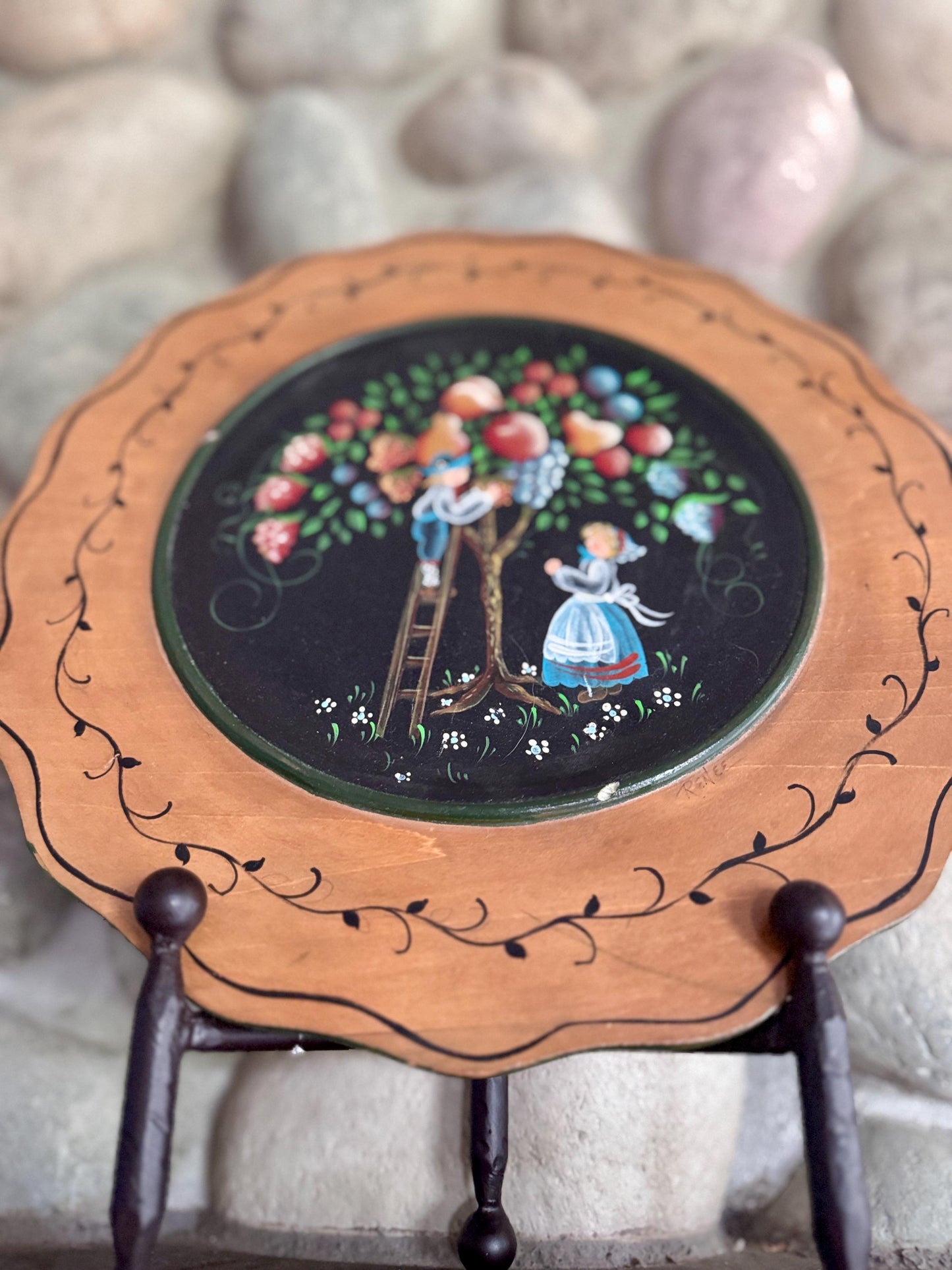 Hand-Painted Folk Art Decorative Wooden Charger Plate Artist Signed Collector Quality