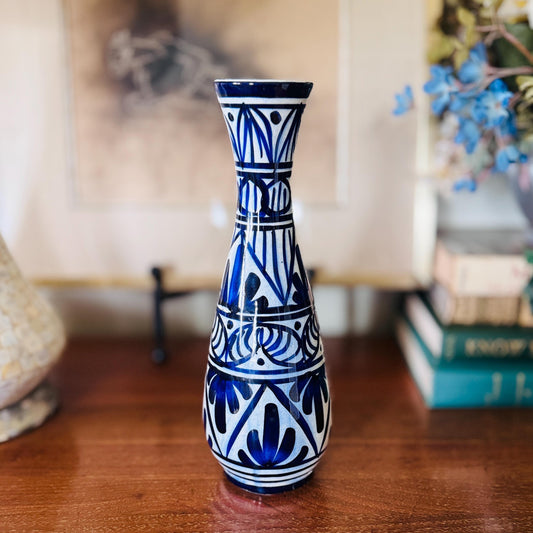 Vintage Hand-Painted Ceramic Vase: Blue White Boho Mediterranean Decor