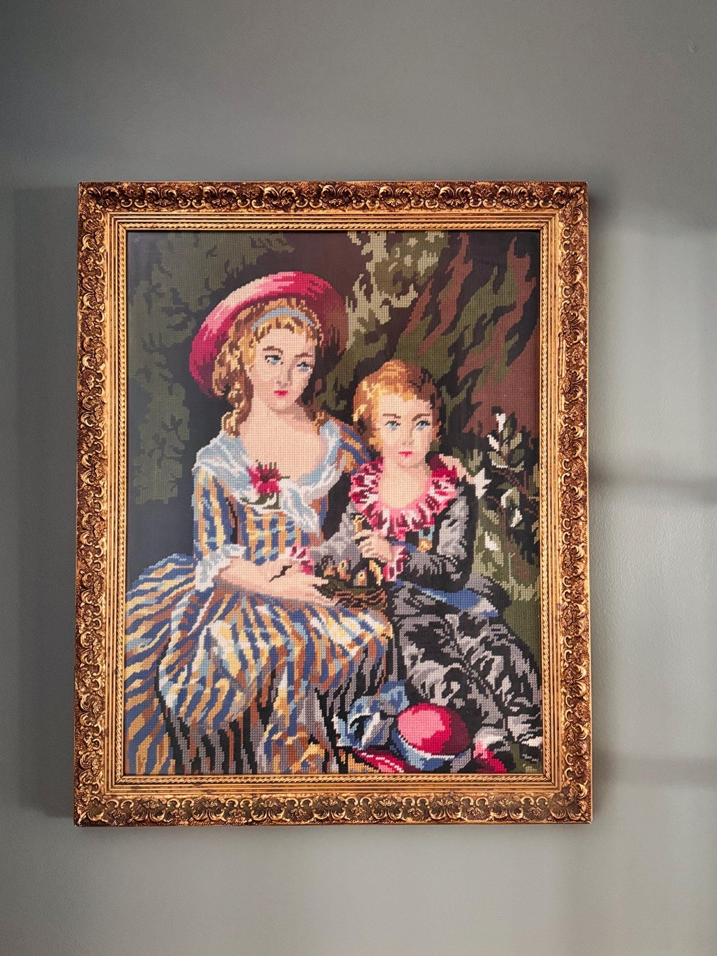 Large Victorian Needlepoint Crewel Fiber Art — Ornate Gold Gilt Frame