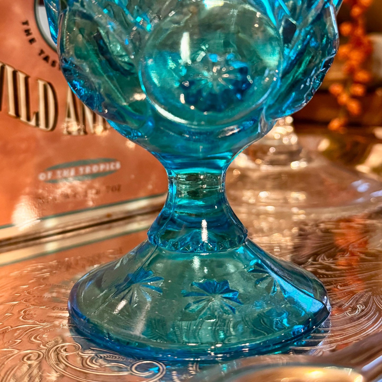 Vintage Moon & Stars Blue Glass Candy Dish - Mid Century Compote Bowl